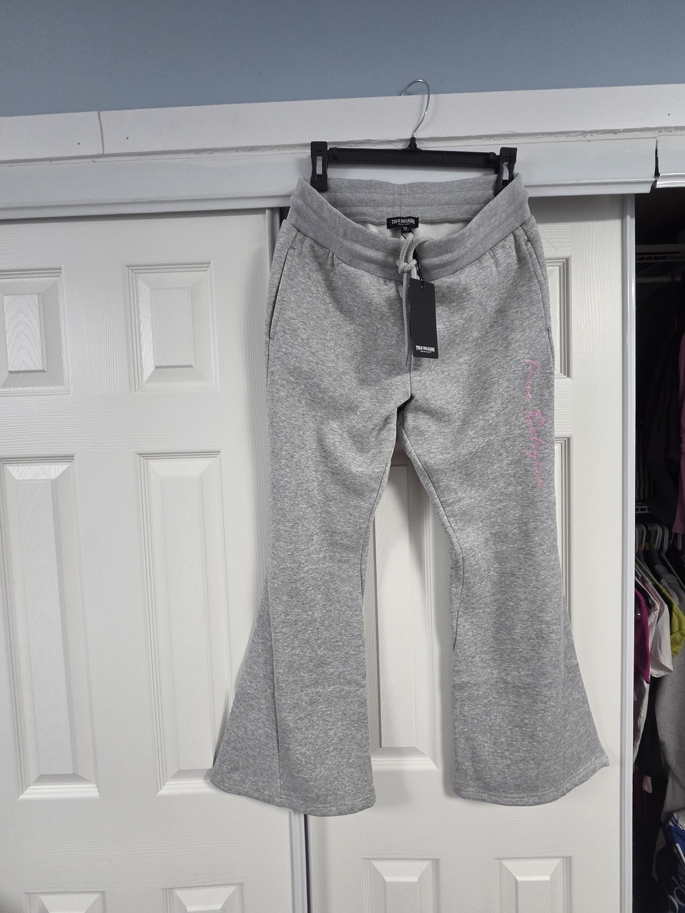 True Religion Gray Flared Sweatpants with Pink Script